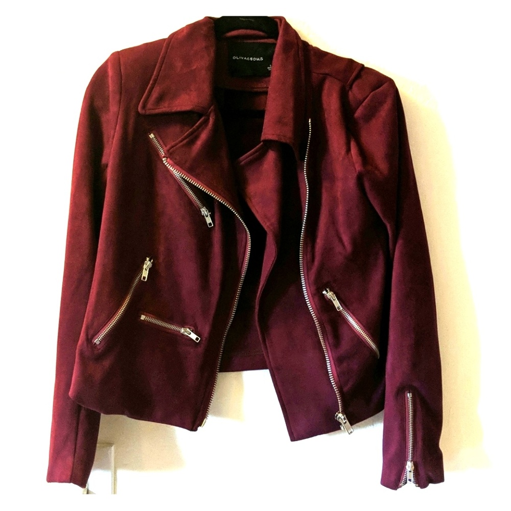 Wine Faux Suede Moto-Style Blazer